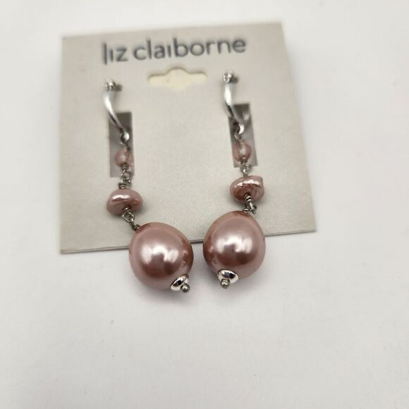 Liz Claiborne Pink Pearl Drop Surgical Steel Earrings NEW Fashion Jewlery - Picture 2 of 4